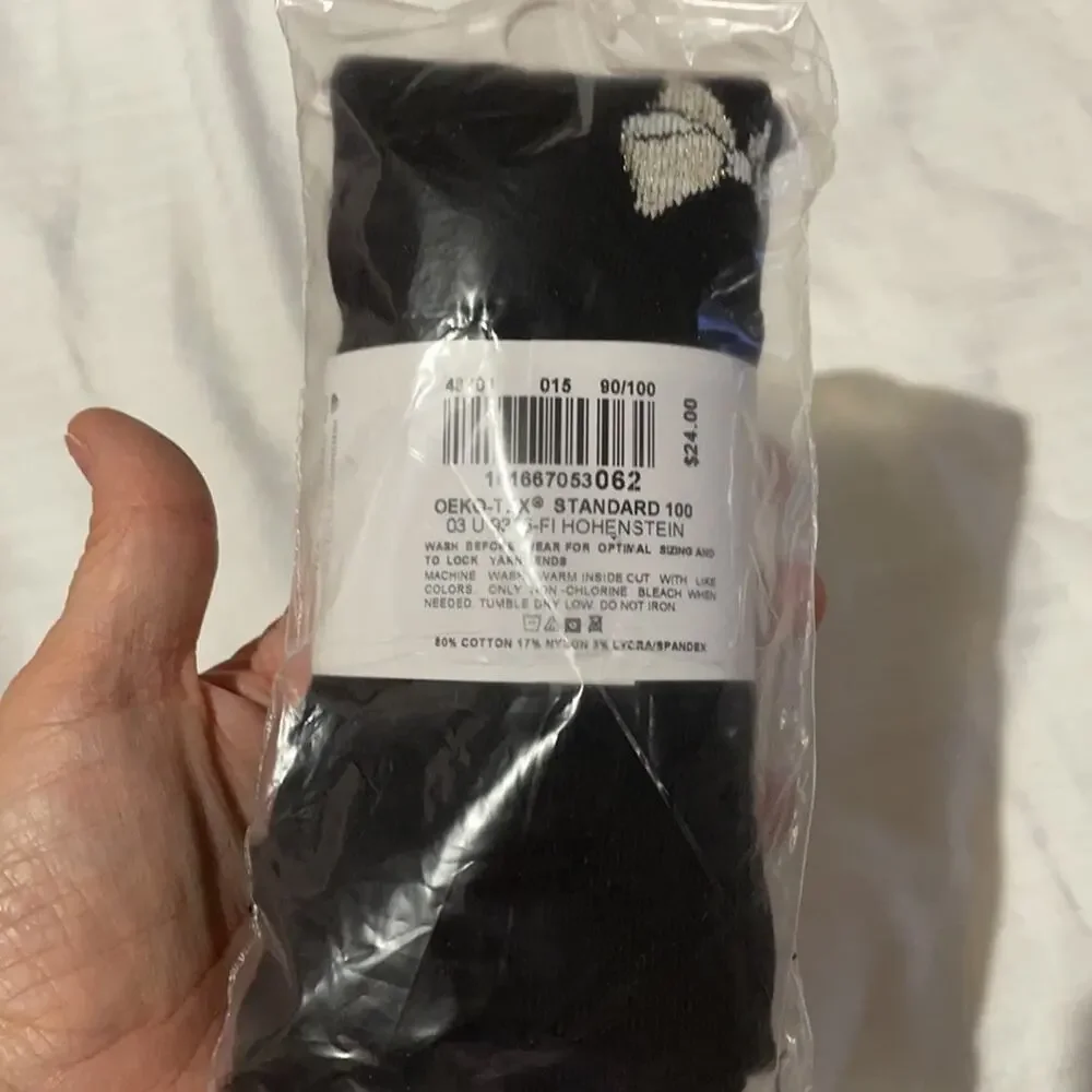 Hanna Andersson 90/100 or 3-4 black tights footed with white bows gold flec NWT